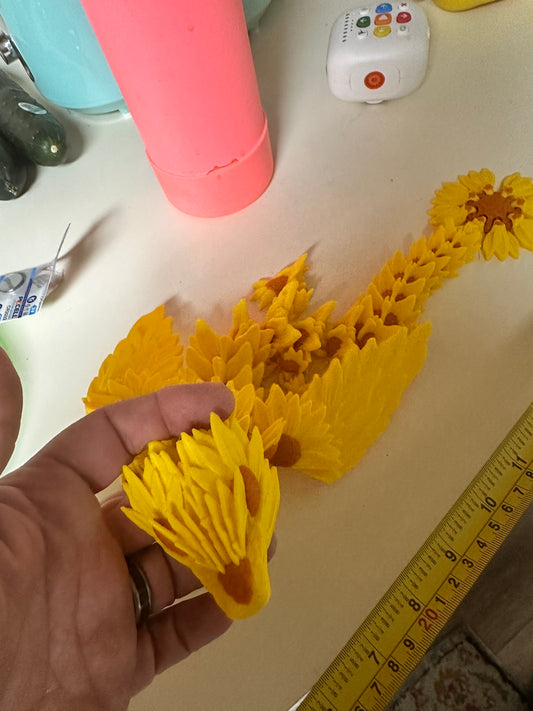 3D printed 47mm length dual color articulated sunflower dragon.