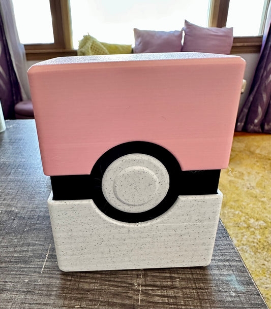 3D printed Pokémon pokeball style deck box filled with cards, codes, and a flip coin. Guaranteed V, GX, or EX.