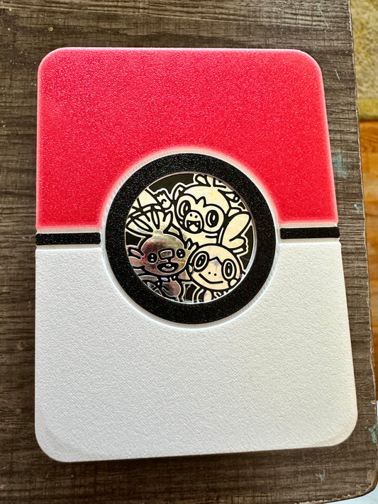 3D printed Pokémon pokeball style deck box filled with cards, temporal forces ETB code card, damage counters, and a flip coin. Guaranteed V, GX, or EX.