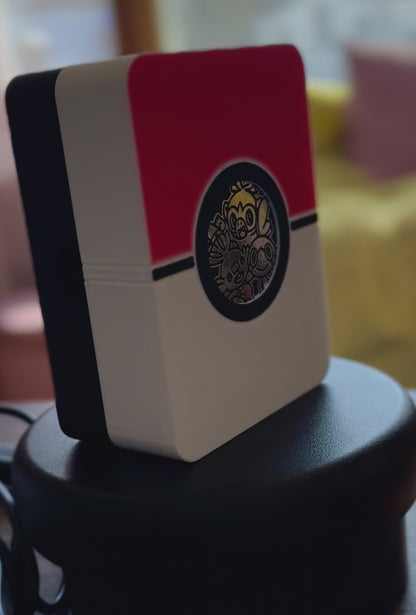 3D printed Pokémon pokeball style deck box filled with cards, temporal forces ETB code card, damage counters, and a flip coin. Guaranteed V, GX, or EX.